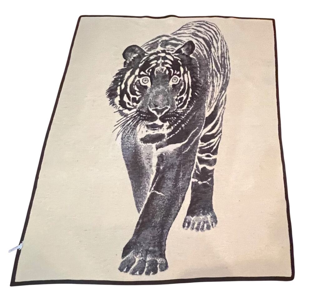 Biederlack Vintage Tiger Blanket Acrylic Cozy Beige Brown Large 75x60” USA Made